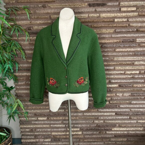 Geiger Green Boiled Wool Jacket Tyrolean Embroidered Floral Size 40 - Picture 10 of 11